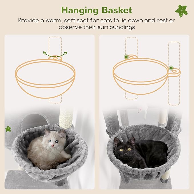 Globlazer Tall Cat Tower, 76 inch Multiple Level Cat Climbers for Indoor Cats, XL Cat Tree with 5 Scratching Posts, 2 Cat Condos, Hammock, 2 Hanging Baskets, F76B, Light Grey-PurrikoPets