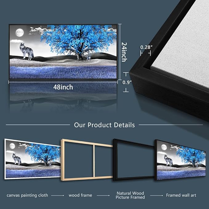 Frame Canvas Wall Art For Living Room Family Wall Decorations For Bedroom Modern Office Wall Decor Paintings Blue Tree Landscape Pictures Artwork Canvas Art Prints Home Decor Black Framed 24" X 48"-PurrikoPets