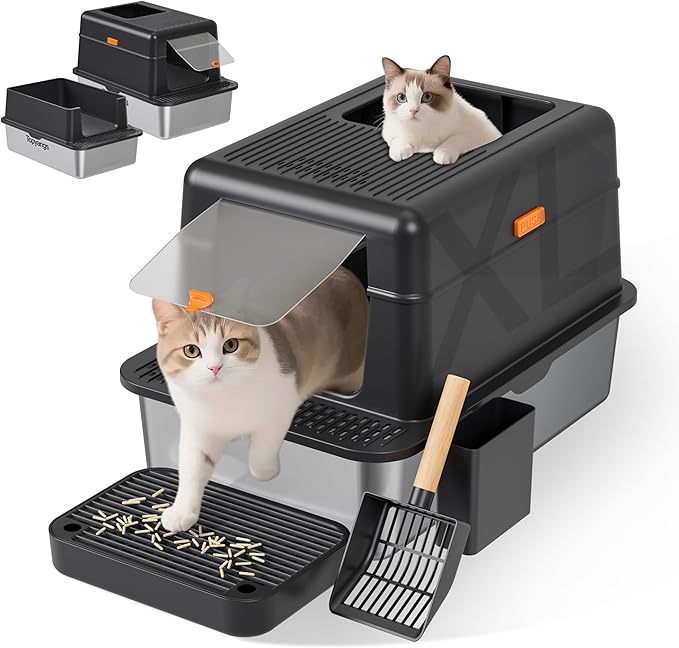 Enclosed Stainless Steel Litter Box with Lid, 20L Metal Enclosed Litter Box for Big Cat, Flip-Top Design with Anti-Leakage High Sides, Cat Lovers Gifts（Black）-PurrikoPets