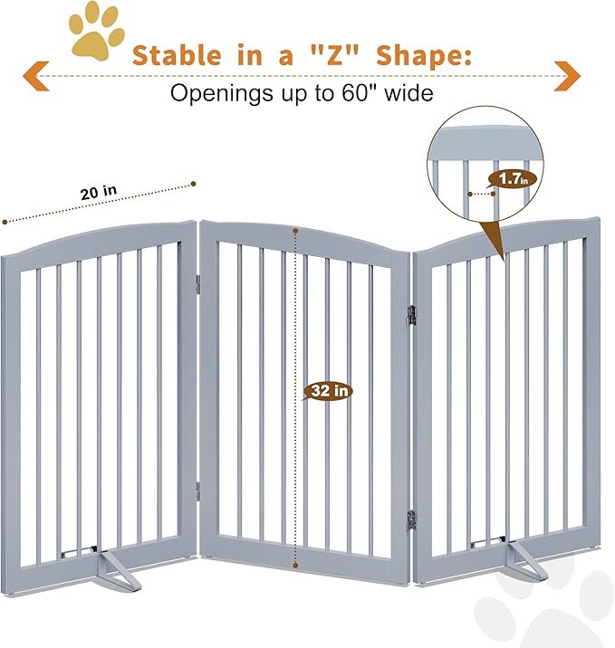 Freestanding Pet Gate for Dogs, Foldable Wooden Dog Gate for House Indoor, Tall Pet Fence for Stair, Doorway,Hall, Support Feet Included, 3 Panels 32",Grey-PurrikoPets