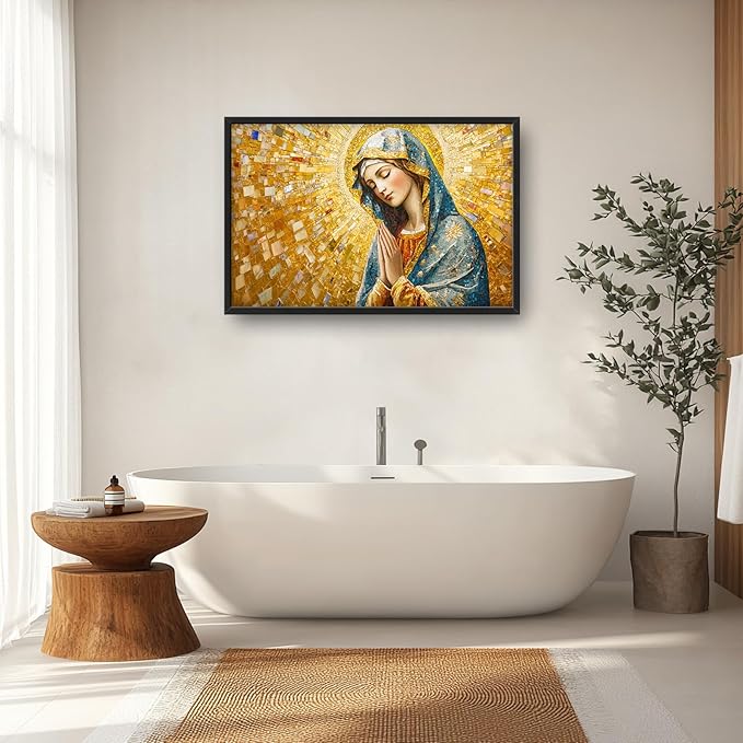 Extra Large Virgin Mary Framed Wall Art for Living Room,Oversized Golden Christian Religious Pictures Wall Decor,Canvas Print Painting Modern Artwork Bedroom Office Bathroom 36L" x 24W"-PurrikoPets