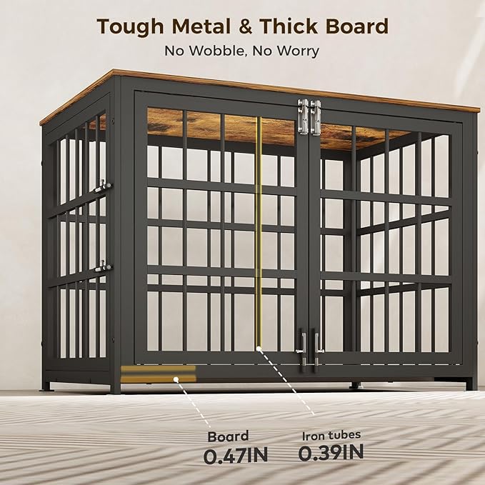 32 Inch Heavy Duty Wooden Dog Kennel End Table with Double Door Design and Secure Locks, Indoor Pet Crate Furniture for Medium Dogs, Decorative Home Cage Design,Aged Black-PurrikoPets