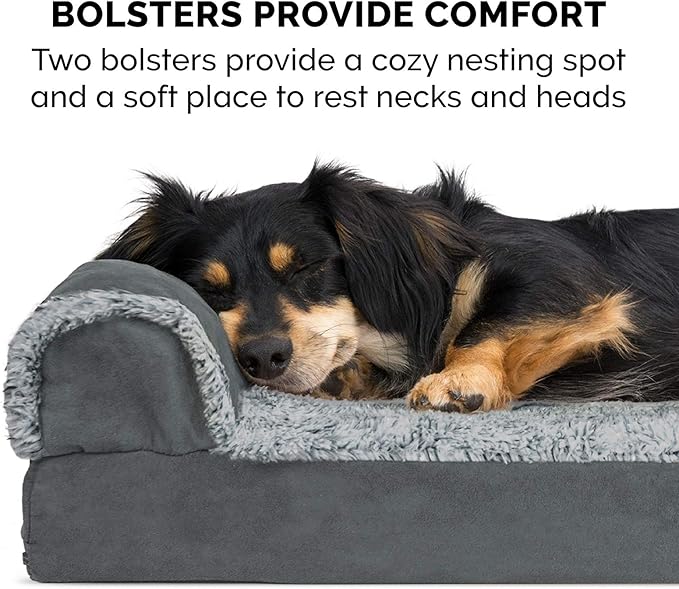 Furhaven Cooling Gel Dog Bed for Medium/Small Dogs w/ Removable Bolsters & Washable Cover, For Dogs Up to 35 lbs - Two-Tone Plush Faux Fur & Suede L Shaped Chaise - Stone Gray, Medium-PurrikoPets