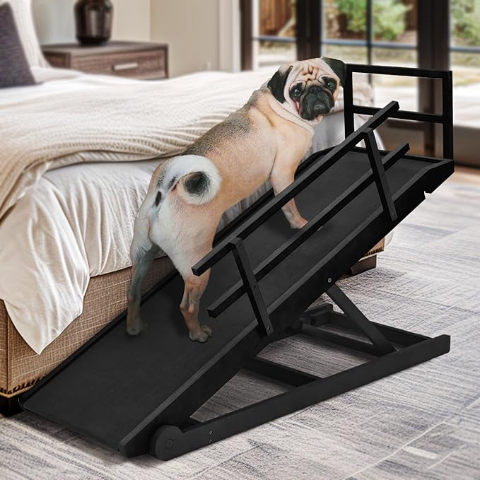 Dog Ramp for Bed, Adjustable Pet Ramps for Dog to Get on Bed, Non-Slip Rubber Surface - Folding Wooden Dog Ramp for Small/Large/Old Dogs, Adjustable up to 27.5 inch High Beds, Safety Railings-PurrikoPets