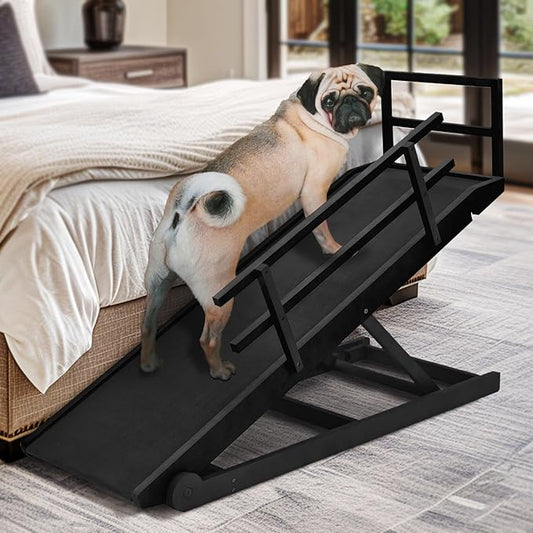 Dog Ramp for Bed, Adjustable Pet Ramps for Dog to Get on Bed, Non-Slip Rubber Surface - Folding Wooden Dog Ramp for Small/Large/Old Dogs, Adjustable up to 27.5 inch High Beds, Safety Railings-PurrikoPets