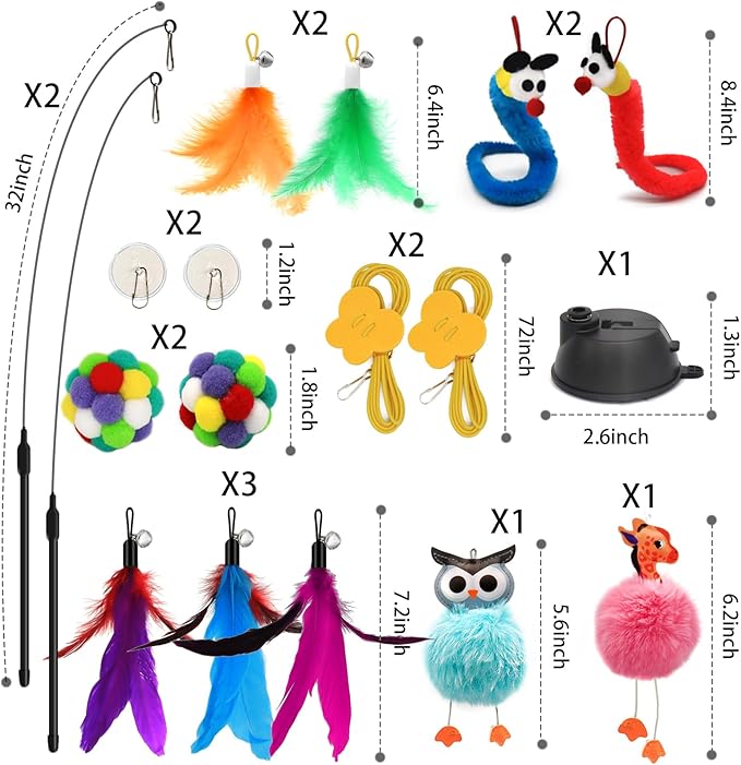 4-in-1 Interactive Cat Toys Set with Suction Cup Wand, Hanging Cat Toys, Fishing Pole Cat Wand & Kitten Balls- Includes Variety Replaceable Worms, Feathers for Indoor Bored Cats for Exercise-PurrikoPets