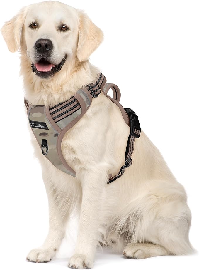 Funfox Dog Harness No Pull, Adjustable Pet Vest Harness, Super Soft Material with Vertical Handle Easy Control, Reflective Night Walking, 2 Leash Clips for Large Dogs, Camo Brown, L-PurrikoPets