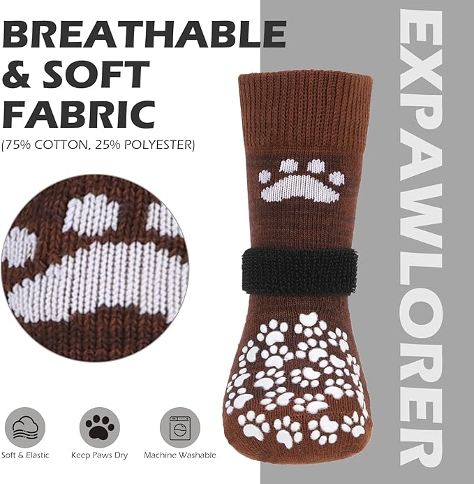 EXPAWLORER Anti Slip Dog Socks to Prevent Licking Paws, Dog Shoes for Hot Pavement, Dog Booties for Small Medium Large Senior Dogs, Traction Control Boots & Paw Protectors for Hardwood Floors Coffee-PurrikoPets