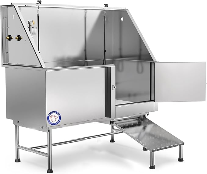 Flying Pig Grooming 62" Stainless Steel Pet Dog Bath Tub with Faucet (Right door/Left Drain), 62 x 27 x 58"-PurrikoPets