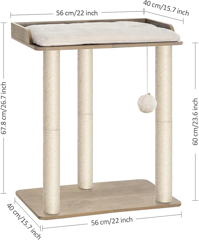 FourFurPets 26.7in Large Cat Tree Tower Condo, Cat Scratch Posts for Indoor Cats, Big Plate, Three 23.6in Full Sisal Scratching Posts, Greige-PurrikoPets