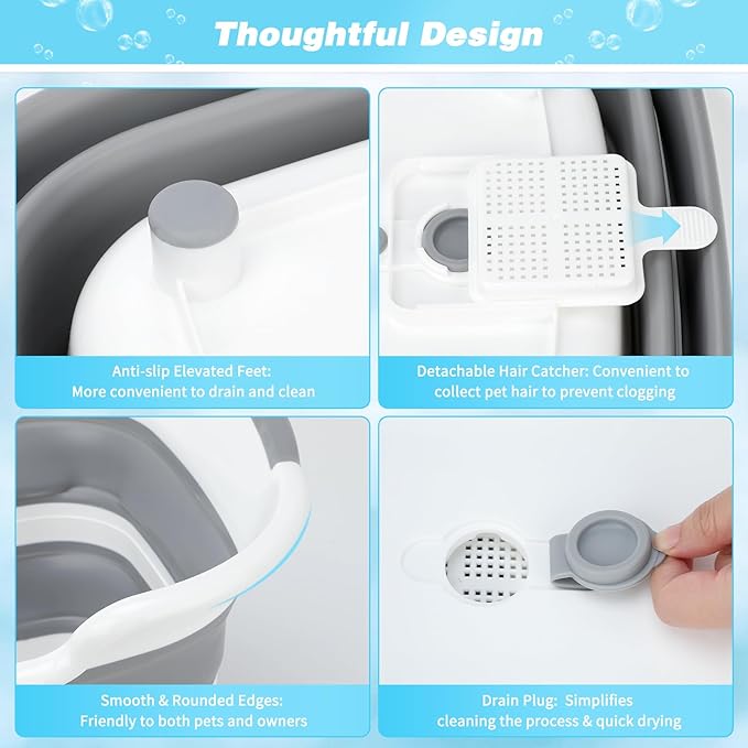 FHTONGE 7.13 Gal/27L Raised Collapsible Dog Bathtub with Drain Hair Catcher, Multifunctional Pet Washtub for Small to M Dog, Portable Puppy Tub Cat Shower Basin Laundry Basket Storage Organize Bucket-PurrikoPets