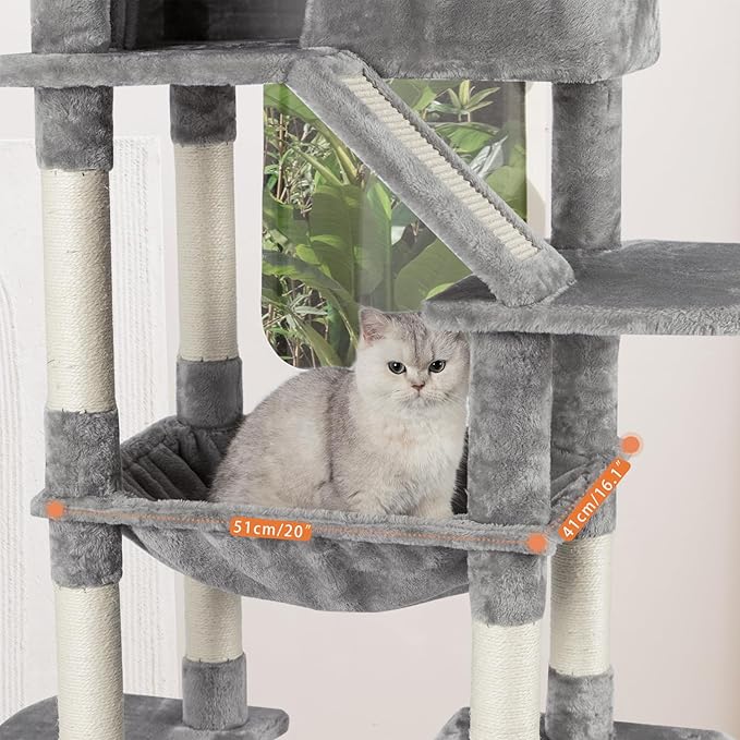 73 inches Large Cat Tree for Indoor Cats, Tall Cat Tower with Sisal Scratching Posts and Pads, Padded Plush Perch, Cozy Basket, Plush Condo for Large Cats (Grey)-PurrikoPets