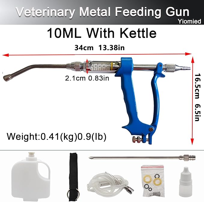 10ML Veterinary Metal Feeding Gun, Continuous Drench Gun Dosing Device Veterinary Adjustable Medicine Dispenser Husbandry Autonomous Feeding Tool, for Pig Cow, Sheep, Horse (Blue, 10ML+Kettle)-PurrikoPets