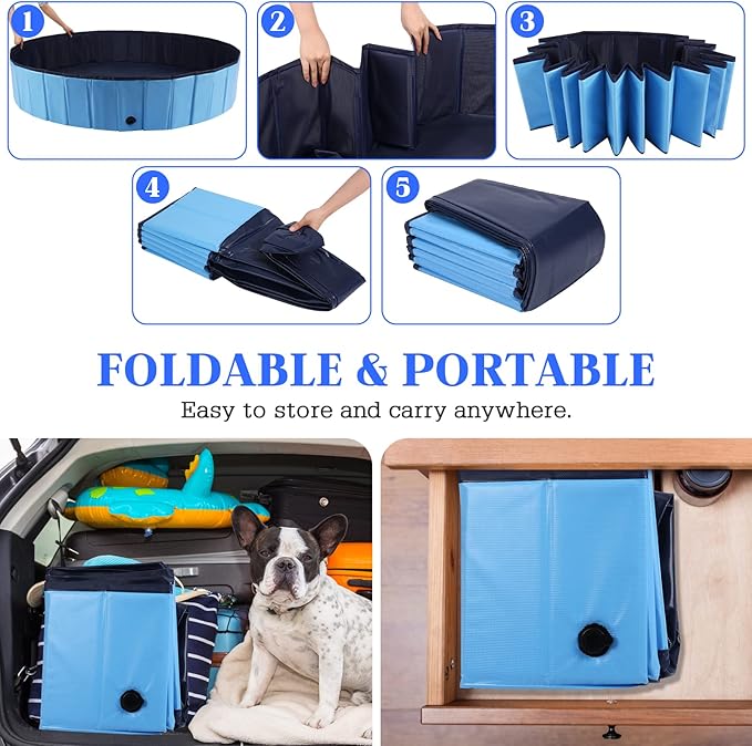 Foldable Dog Bath Swimming Pool Plastic Kiddie Pool Professional Tub Collapsible Grooming Bathtub for Pets Kids Baby and Toddler, 87 x 12 Inches Blue-PurrikoPets