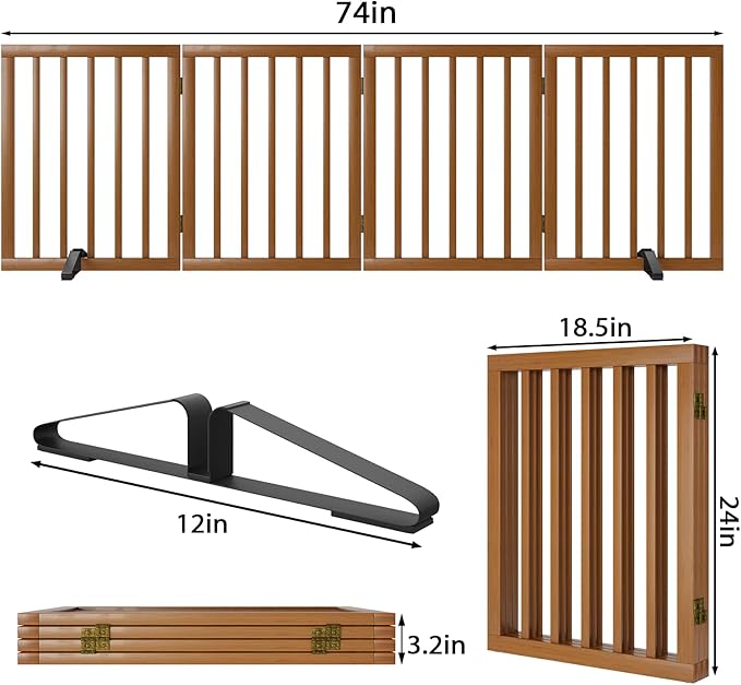 Freestanding Pet Gate Foldable 4 Panel Dog Gate Walnut Dog Gates for Stair Doorways House Indoor (2 Support Feet Included)-PurrikoPets