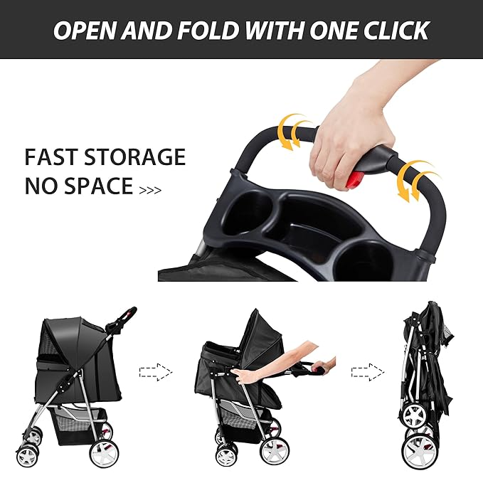 4 Wheels Pet Stroller for Small Medium Dogs Cats 10-33 lbs, Foldable Dog and Cat Stroller with Cup Holder & Storage Basket & Breathable Mesh, Pet Strolling Cart for All-Season, Black-PurrikoPets