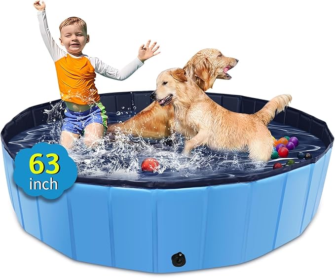 Foldable Dog Pool, 63" x 12" Kiddie Pool with Hard Plastic, Non-Slip Dog Bath Tub for Outdoor Backyard, Collapsible Dog Swimming Pool for Kids Dogs Pets (Blue)-PurrikoPets