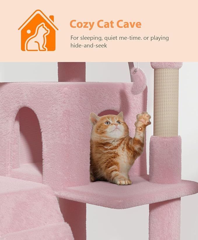 77'' Cat Tree Tower for Indoor Cats Large Adult, Cute/Tall Modern Cat Tree for Big Cats 20 lbs, Plush Multi-Level Cat Condo with Scratching Posts,Dangling Ball (Soft Pink, 77 inch)-PurrikoPets