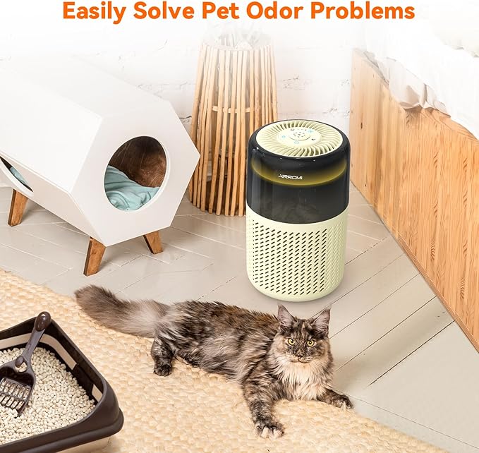 AIRROMI Air Purifier for Bedroom Home,HEPA Filter,Covers Upto 549 Ft²,Quiet 360°intake Air Cleaner with Fragrance ponge for Better Sleep,Night Light,Filters Smoke,Pet Dander,Allergies,Dust,A2005Yellow-PurrikoPets