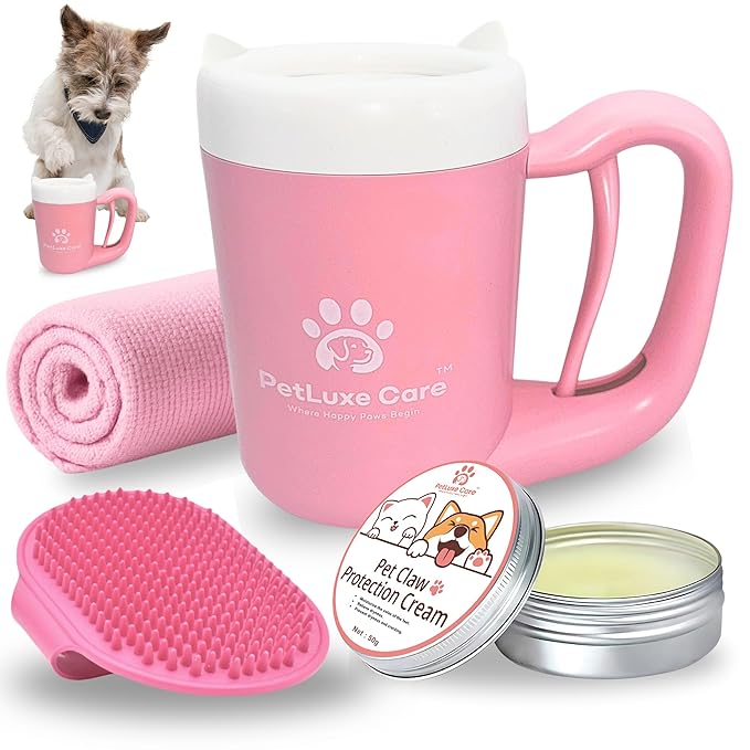 Dog Paw Cleaner for Small & Medium Dogs – Portable Paw Washer Cup with Soft Silicone Brush, Towel & Moisturizing Balm – Gently Cleans Muddy Paws After Walks (Pink, Small)-PurrikoPets