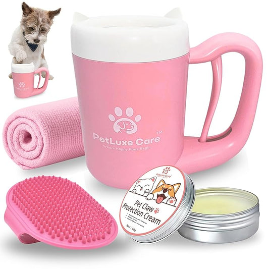 Dog Paw Cleaner for Small & Medium Dogs – Portable Paw Washer Cup with Soft Silicone Brush, Towel & Moisturizing Balm – Gently Cleans Muddy Paws After Walks (Pink, Small)-PurrikoPets