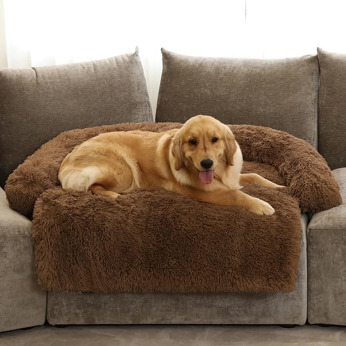 GGIB Calming Dog Bed Fluffy Plush Dog Mat for Furniture Protector with Removable Washable Cover for Large Medium Small Dogs and Cats (Extra Large (53x39.3x6), Brown)-PurrikoPets