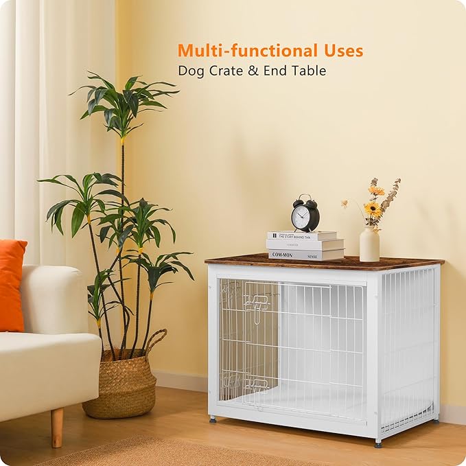 DWANTON Dog Crate Furniture with Cushion, Wooden Kennel Table with Double Doors, Indoor Dog House, Medium Size, 32.5" L, White+Rustic Brown-PurrikoPets