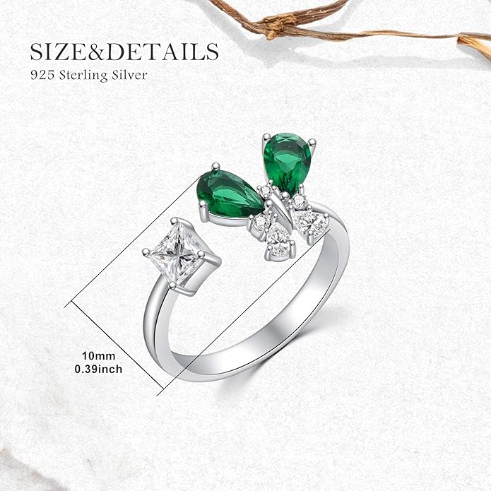 925 Sterling Silver Drangonfly/Butterfly Open Finger Rings Adjustable Dainty Gemstone Sapphire Emerald Green Ring for Women Round/Pear/Princess Engagement Promise Ring
