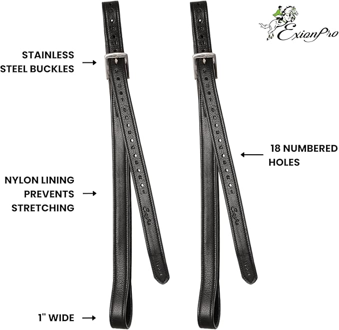 Exion FlexiStrong Stirrup Leathers for English Saddles – 1" Premium Calfskin with Nylon Core – Numbered Holes, Stainless Steel Buckles – Black/Brown – Horse Riding Gear (48"/120cm to 62"/155cm)-PurrikoPets