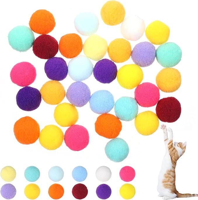 60 Pcs Cat Toy Balls 1-inch Colorful Cat Pom Pom Balls Soft Interactive Cat Balls Cat Play Toy Cat Exercise Toys Cats Interactive Playing Quiet Ball Fuzzy Kitten Ball for Cat Pet-PurrikoPets