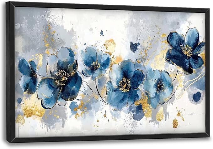 Extra Large Framed Abstract Blue Flower Wall Art,Oversized Golden Grey Floral Wall Decor Pictures for Living Room,Canvas Print Painting Modern Artwork Bedroom Office Bathroom Home Decor 36L" x 24W"-PurrikoPets