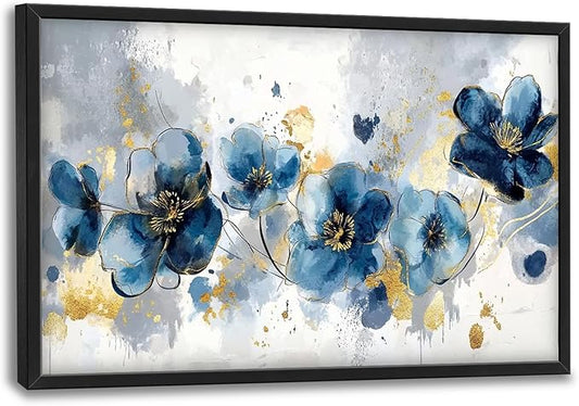 Extra Large Framed Abstract Blue Flower Wall Art,Oversized Golden Grey Floral Wall Decor Pictures for Living Room,Canvas Print Painting Modern Artwork Bedroom Office Bathroom Home Decor 36L" x 24W"-PurrikoPets