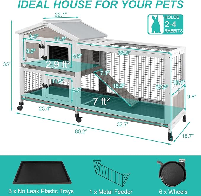 2-Tier Rabbit Hutch with Wheels, Indoor & Outdoor Small Animal Cage with Deep Pull-Out Tray, Anti-Chew Frame, Habitat for Bunny, Guinea Pig, Chinchilla (60" L x 19" W x 35" H)-PurrikoPets