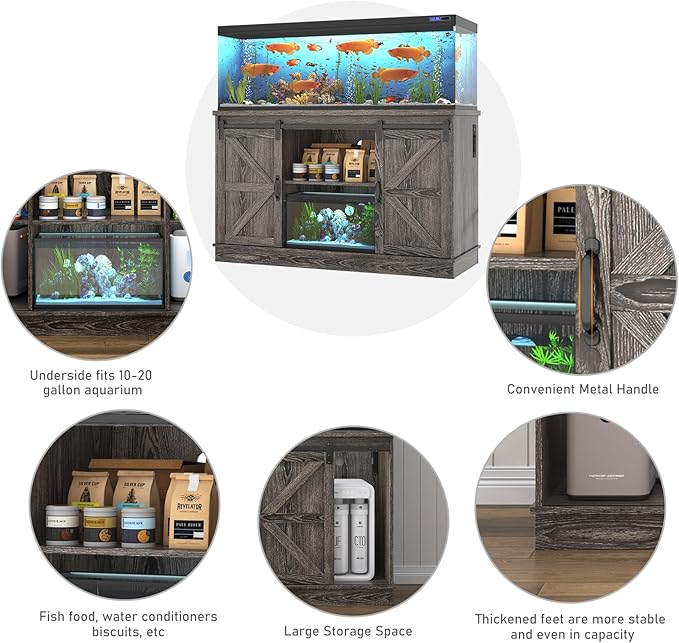 Farmhouse 55-75 Gallon Fish Tank Stand with Power Outlet, Aquarium Stand with Cabinet&Sliding Barn Door, Heavy Duty Reptile Tank Stand for 2 Fish Tank/Turtle Tank/Reptile Terrarium, Grey-PurrikoPets