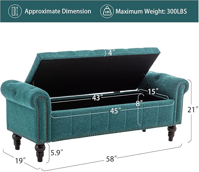 58’’ Storage Bench for Bedroom, Upholstered Button-Tufted Ottoman with Solid Wood Legs, Queen Size End of Bed Shoe Cabinet, Window Seat Foot Rest Stool for Entryway, Living Room (Teal)-PurrikoPets