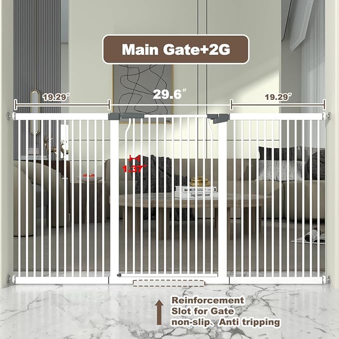 41" Extra Tall and Wide Baby Gate, 68.5-72.2'' Wide Pet Cat Gate for Doorway, Extra Wide Pressure Mounted Child Door with Expansion Kit, Metal Safe Gate, Tall Dog Gate, White-PurrikoPets