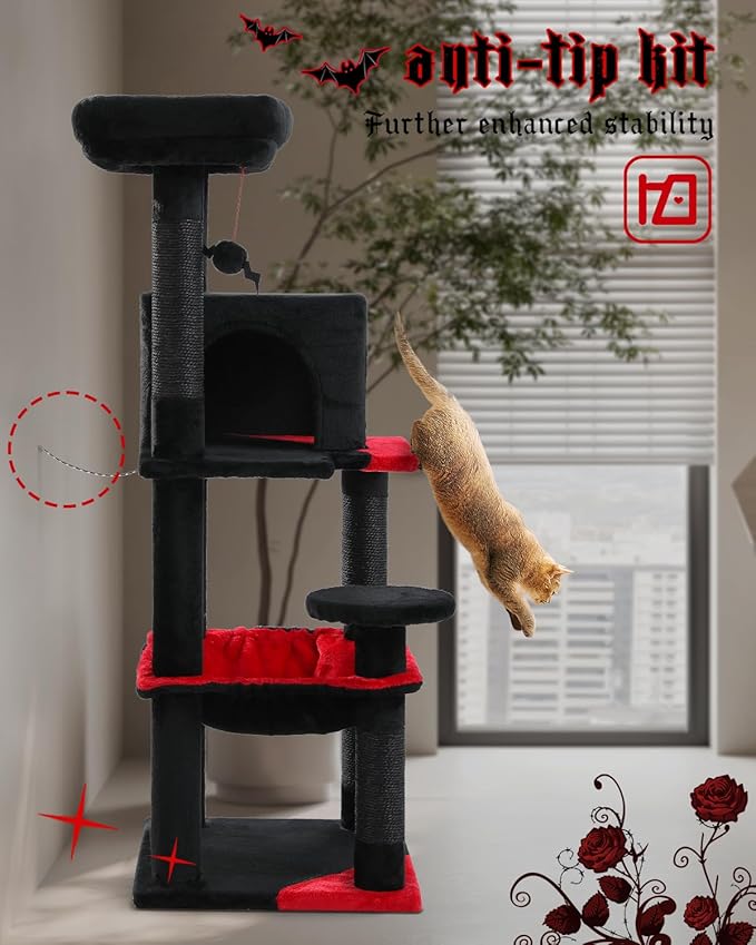 Gothic Cat Tree with Super Large Hammock, 45.7" Black Cat Tower with Coffin Bed, Cat Condo, Sisal Scratching Posts & Top Perch, Multi-Level Goth Cat Tree, Halloween, Black-PurrikoPets
