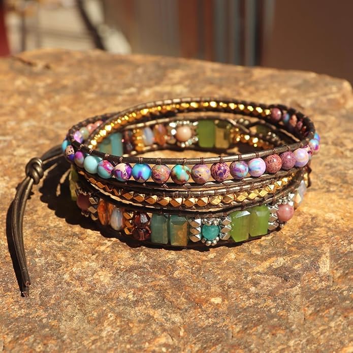 YGLINE Boho Handmade Wrap Leather Tube Crystal Stone Bracelet for Women