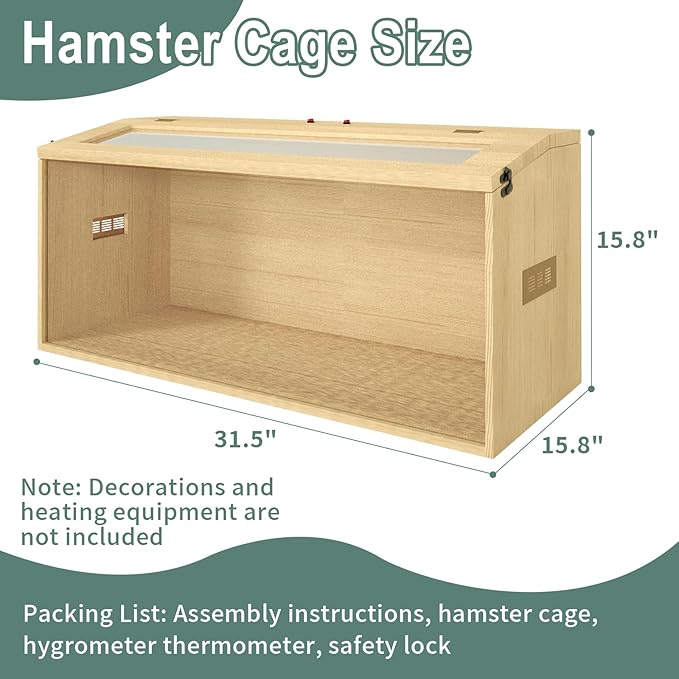 32" Hamster Habitat Enclosure, Top Opening Lockable Roof Door, Gerbil Dwarf Hamster Cage with Hygrometer, Chewproof Syrian Hamster Cage for Mice, Small Animal, (Wooden, 32" L x 16" W x 16" H)-PurrikoPets