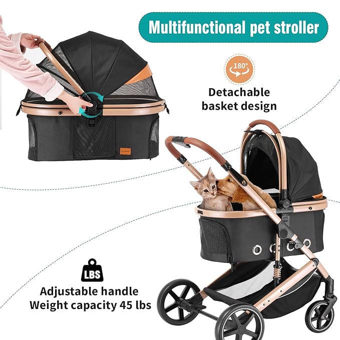 EchoSmile 4 in 1 Pet Stroller, Folding Lightweight Cat & Dog Stroller with Detachable Carrier, NO-Zip 180° Reversible Canopy, All Terrain 4-Wheel,45 lbs Capacity for Small to Medium Dogs-PurrikoPets