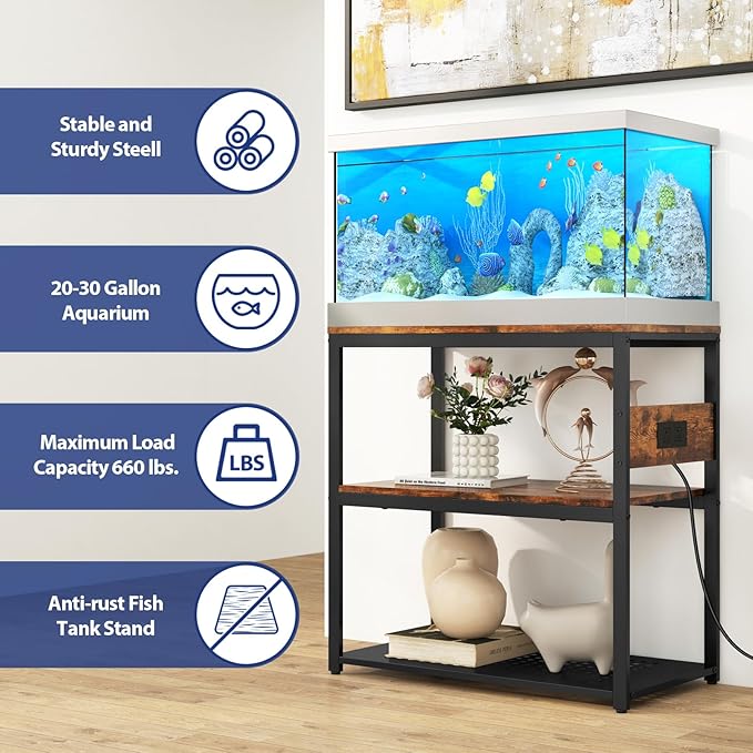 20-29 Gallon Fish Tank Stand With Power Outlets, 3-Tier Metal Aquarium Stands, Breeder Reptile Tank Stand with Shelf for Home Office, 660LBS Capacity, 29.5 x 15.8 x 30.1 inches, Brown-PurrikoPets