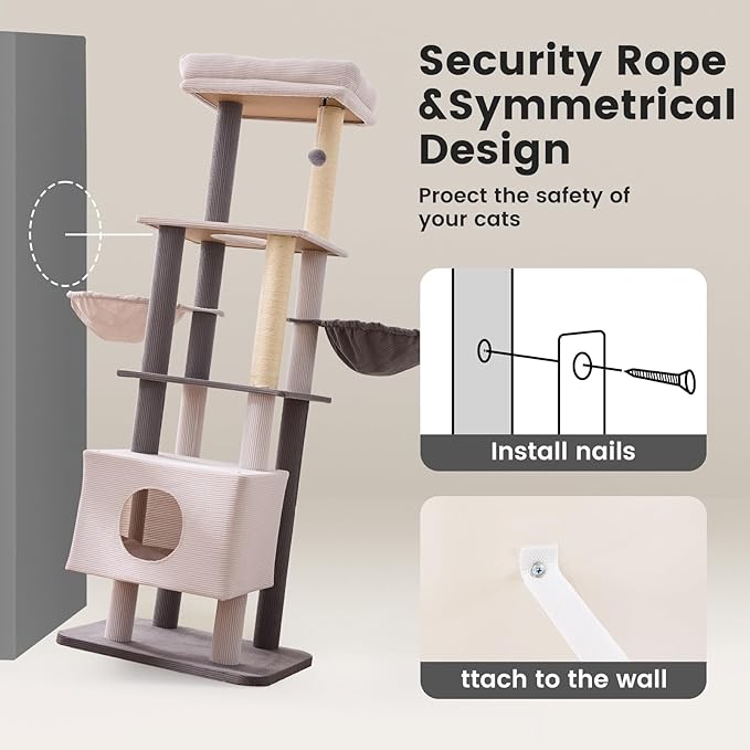 Gardner Pet 65in Heavy Duty Cat Tree Tower for Large Cats, Multi-Level Cat Furniture with Replaceable Sisal Scratching Post, Hammock | Extra-Large Platform & Condo Easy to Clean (Corduroy)-PurrikoPets