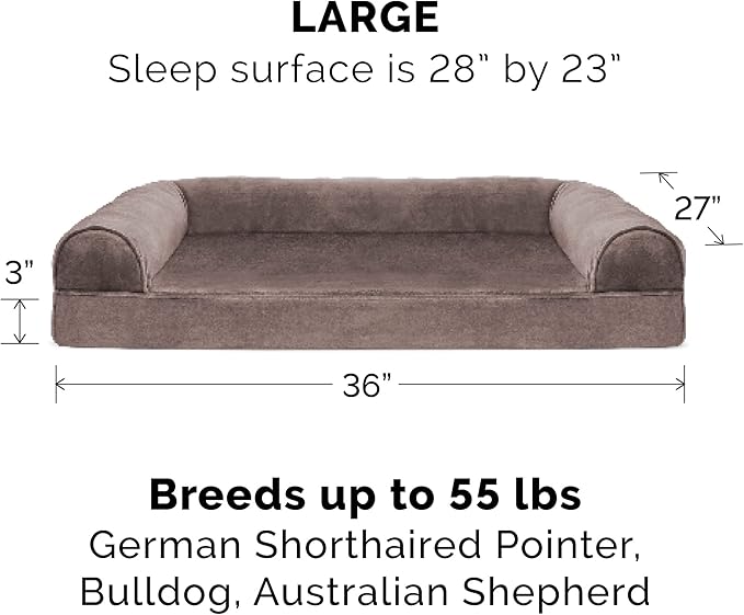 Furhaven Orthopedic Dog Bed for Large/Medium Dogs w/ Removable Bolsters & Washable Cover, For Dogs Up to 55 lbs - Faux Fur & Velvet Sofa - Driftwood Brown, Large-PurrikoPets