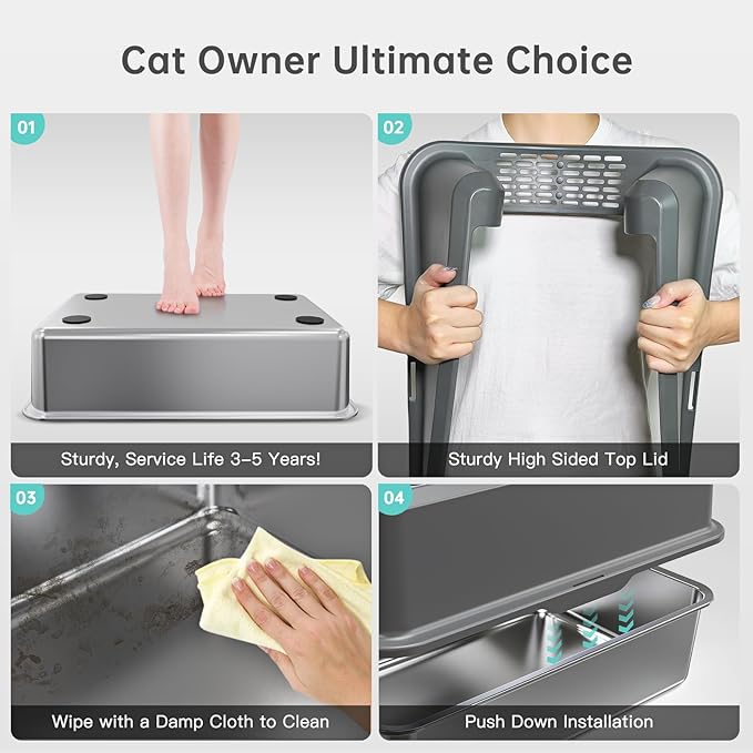 Enclosed Stainless Steel Cat Litter Box with Lid, XL Extra Large Litter Box for Big Cats, Metal Litter Pan High Sided, Never Absorbs Odors, Anti-Urine Leakage, Easy Cleaning, Include Scoop-PurrikoPets