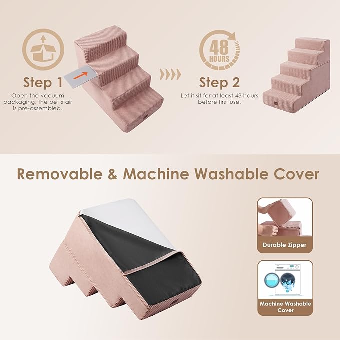 EHEYCIGA Dog Stairs for High Bed 22.5" H, 5-Step Dog Steps for Bed, Pet Steps for Small Dogs and Cats, Non-Slip Balanced Pet Ramp Indoor, Pink-PurrikoPets
