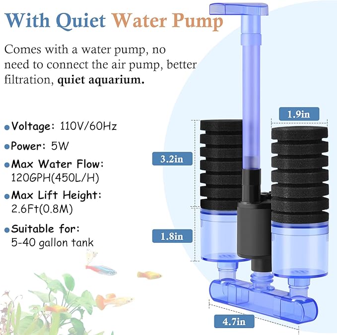 FEDOUR Aquarium Sponge Filter with Water Pump, Quiet Electric Biochemical Filter, with 4pcs Filter Sponge and Ceramic Balls, for up to 40Gallon Fish Tank, Turtle Tank, Shrimp Tank-PurrikoPets