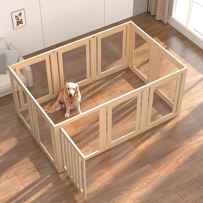 10 Panels Dog Playpen with Door, 23.6" H Pet Playpen Indoor, Clear Acrylic Puppy Playpens, Wooden Puppy Fence with Gate, Transparent Dog Pens, Pet Pen Indoor for Dogs, Cats, Rabbit (Wood)-PurrikoPets