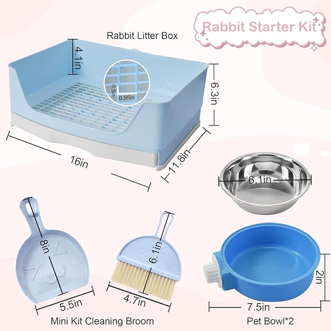 25 Pcs Large Rabbit Starter Kit, Bunny Litter Box with Drawer Animal Grooming Kit Stacking Cups Bowl Blankets Mat with Cleaning Set for Adult Guinea Pig, Ferret, Hamster, Bunnies Accessories (Blue)-PurrikoPets