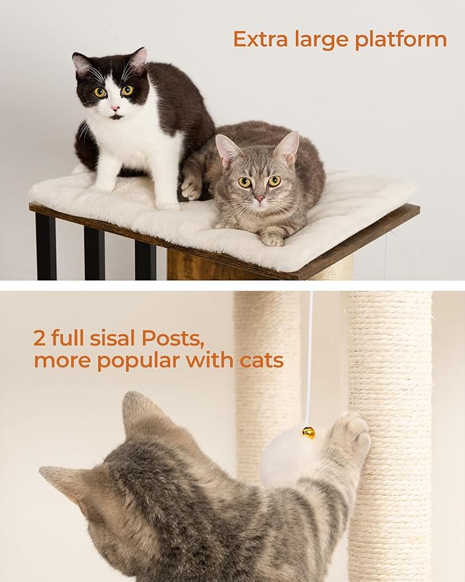 FourFurPets 35.4in 3-Tier Modern Cat Tree Tower Condo, Cat Scratch Posts for Indoor Cats, Big Plate, Two Full Sisal Scratching Posts, Rustic Brown-PurrikoPets