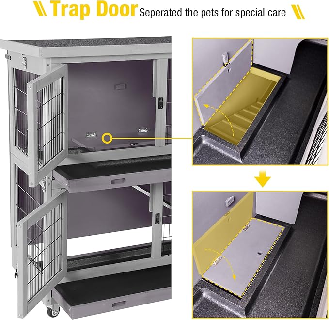 Aivituvin Rabbit Hutch Indoor, Folding Bunny Cage with Two Story, Rabbit Cage with Wheels, Anti Slip Ramp-PurrikoPets